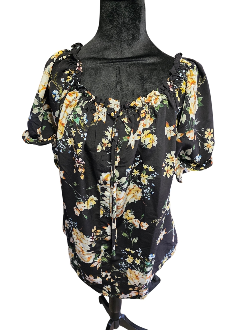 City Chic Black Floral Ruffled Square-Neck Blouse